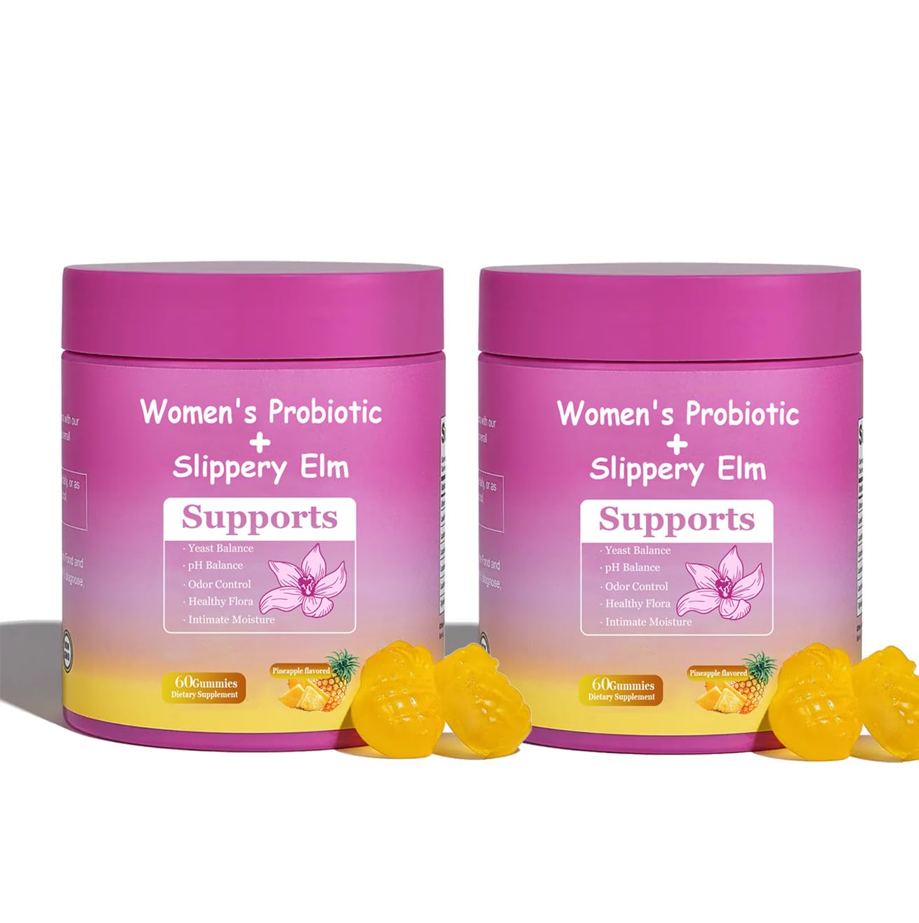 DYALE Her Juicy Feminine Probiotics Gummies for Women | Pineapple Flavor | Supports pH Balance, Gut Health & Immune System | with Slippery Elm, Prebiotics & Lactobacillus Blend | 60 Gummies (2pcs) - Maple Wellness Supplements