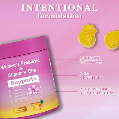 DYALE Her Juicy Feminine Probiotics Gummies for Women | Pineapple Flavor | Supports pH Balance, Gut Health & Immune System | with Slippery Elm, Prebiotics & Lactobacillus Blend | 60 Gummies (2pcs) - Maple Wellness Supplements