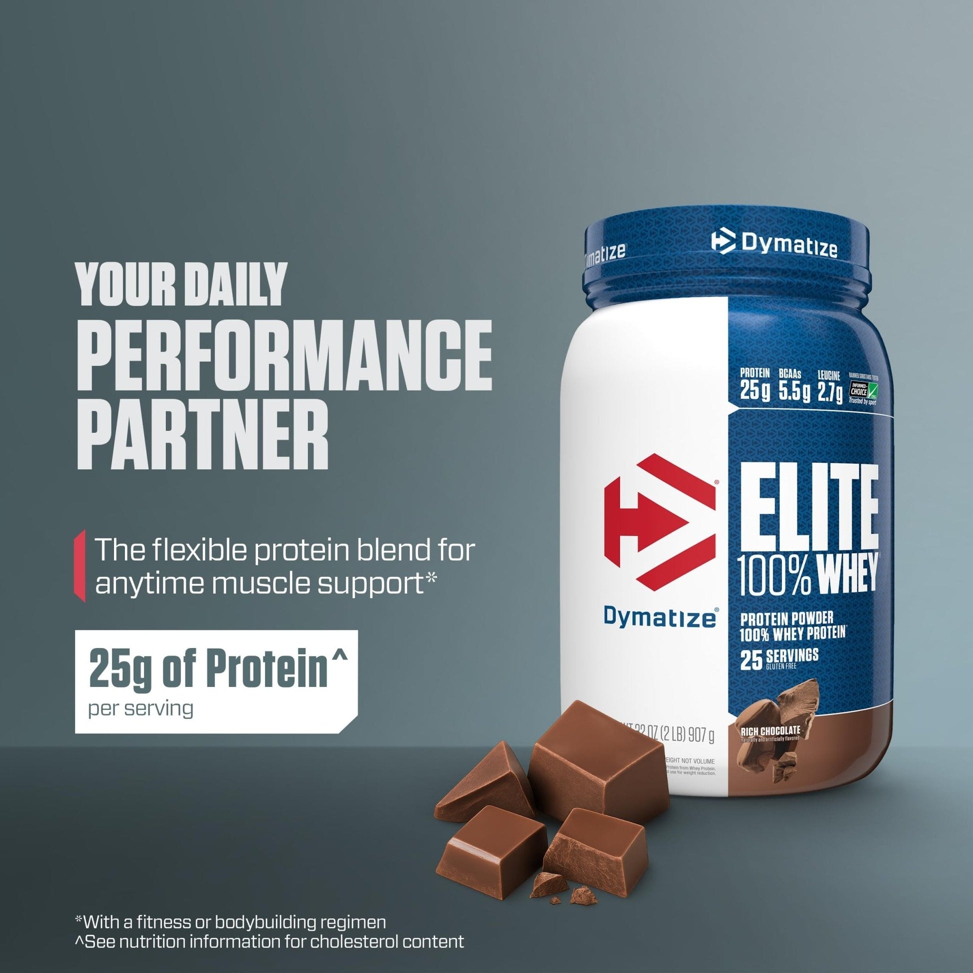 Dymatize Elite 100% Whey Protein Powder, Chocolate, 25g of Protein, 5.5g BCAAs, Less Than 140 Cal., Gluten Free, 3g Carb, 2g Sugar, 3g Fat (25 Servings) - Maple Wellness Supplements