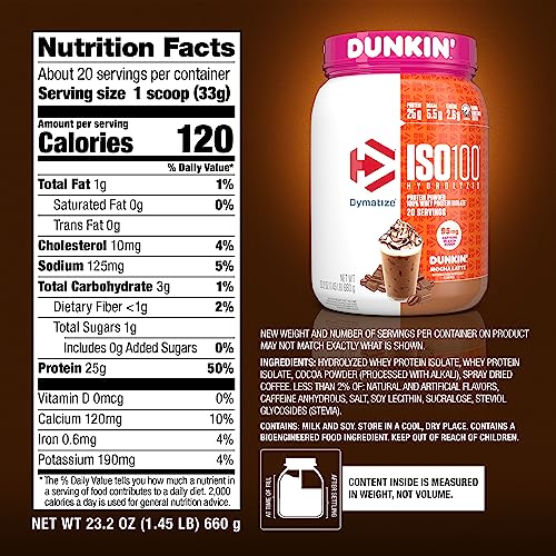 Dymatize ISO100 Hydrolyzed Protein Powder in Dunkin' Mocha Latte Flavor, 100% Whey - Maple Wellness Supplements