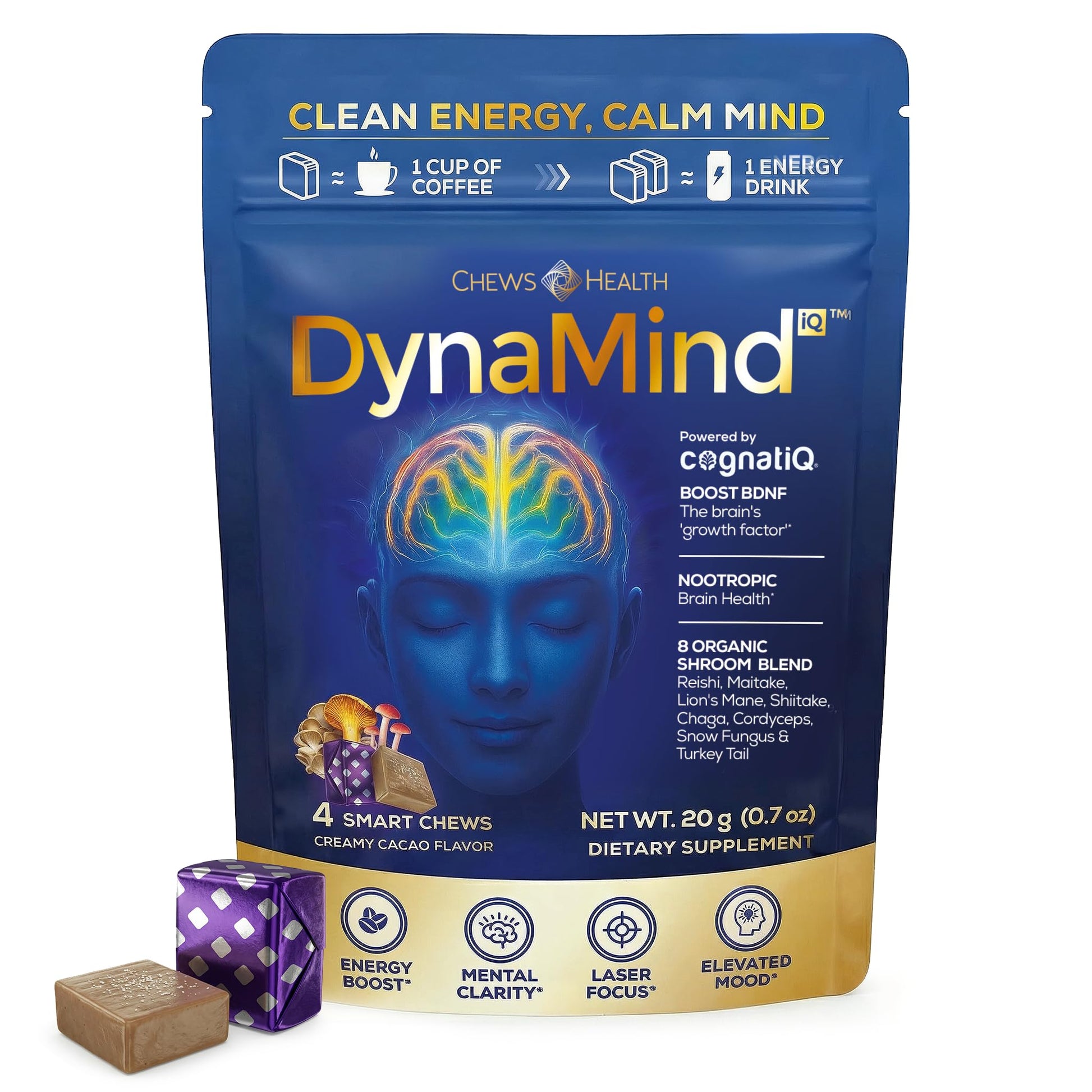 DynaMind iQ Brain Supplement for Memory and Focus for Adults - Nootropic Chews | Coffee Fruit & Mushroom Supplement Blend, Memory Focus Supplement, Caffeine Focus Pills Alternative, 4 Count - Maple Wellness Supplements