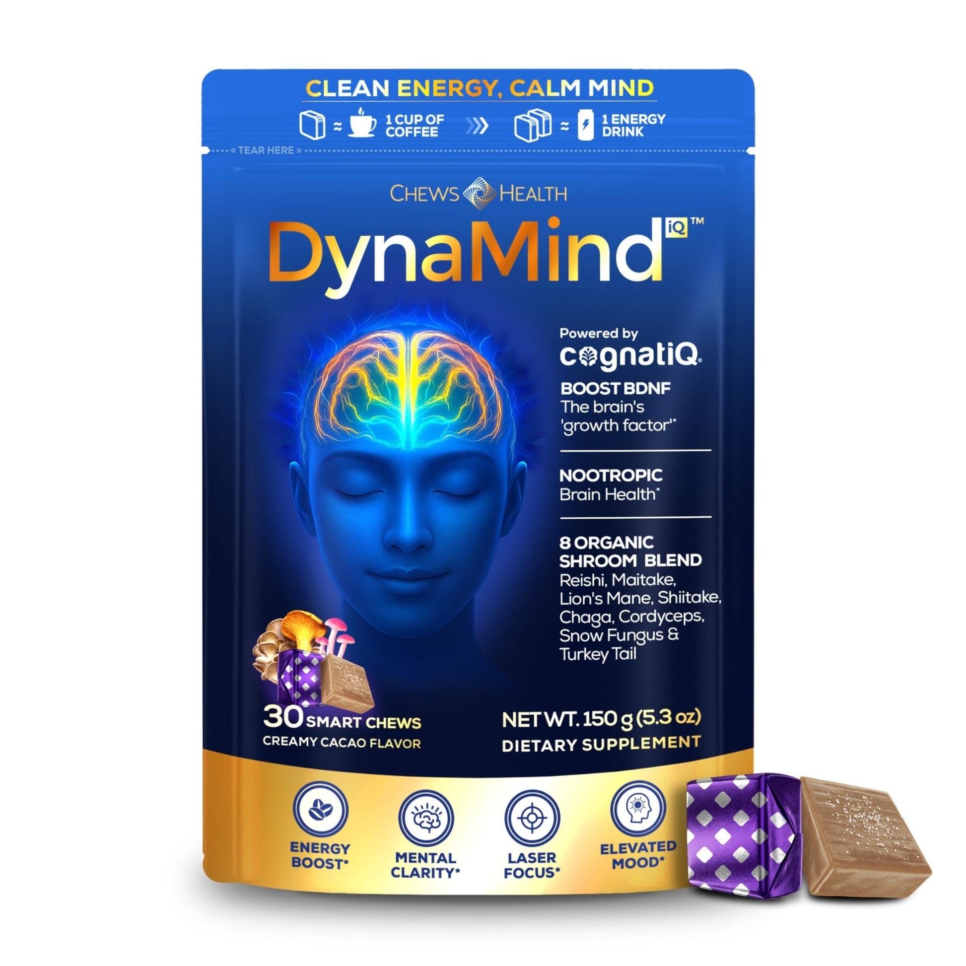 DynaMind iQ Brain Supplement for Memory and Focus for Adults - Nootropic Chews | Coffee Fruit & Mushroom Supplement Blend, Memory Focus Supplement, Caffeine Focus Pills Alternative, 30 Count - Maple Wellness Supplements