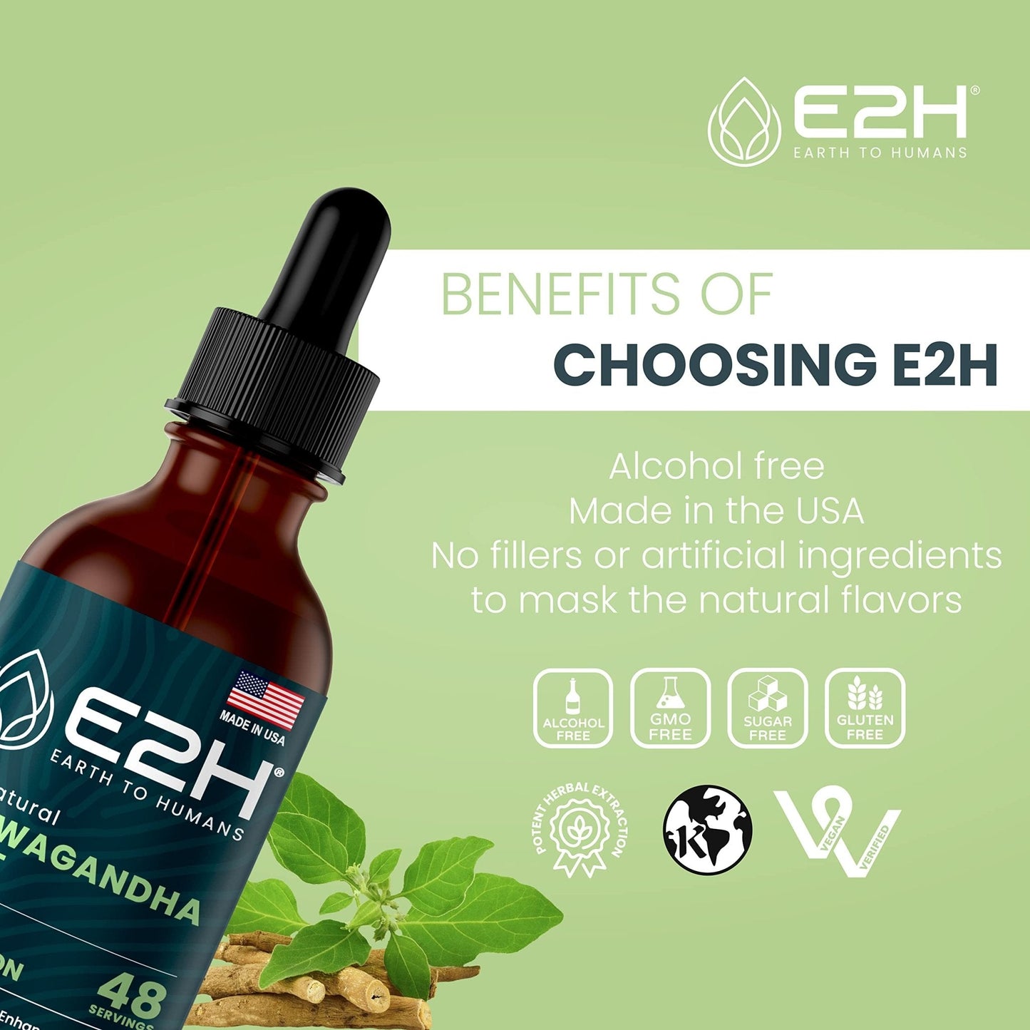 E2H Ashwagandha Liquid Drops - All-Natural Ashwagandha Supplement for Stress Relief and Mood Enhancer- Organic Ashwagandha Root Extract Effective Cortisol Manager | Non-GMO, Vegan | 2 Fl Oz - Maple Wellness Supplements