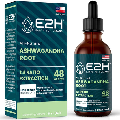 E2H Ashwagandha Liquid Drops - All-Natural Ashwagandha Supplement for Stress Relief and Mood Enhancer- Organic Ashwagandha Root Extract Effective Cortisol Manager | Non-GMO, Vegan | 2 Fl Oz - Maple Wellness Supplements
