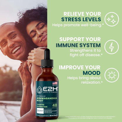 E2H Ashwagandha Liquid Drops - All-Natural Ashwagandha Supplement for Stress Relief and Mood Enhancer- Organic Ashwagandha Root Extract Effective Cortisol Manager | Non-GMO, Vegan | 2 Fl Oz - Maple Wellness Supplements