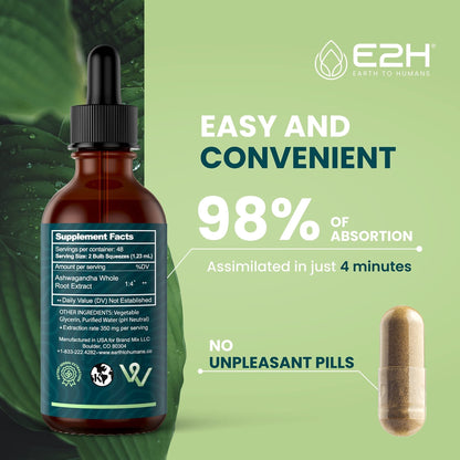 E2H Ashwagandha Liquid Drops - All-Natural Ashwagandha Supplement for Stress Relief and Mood Enhancer- Organic Ashwagandha Root Extract Effective Cortisol Manager | Non-GMO, Vegan | 2 Fl Oz - Maple Wellness Supplements