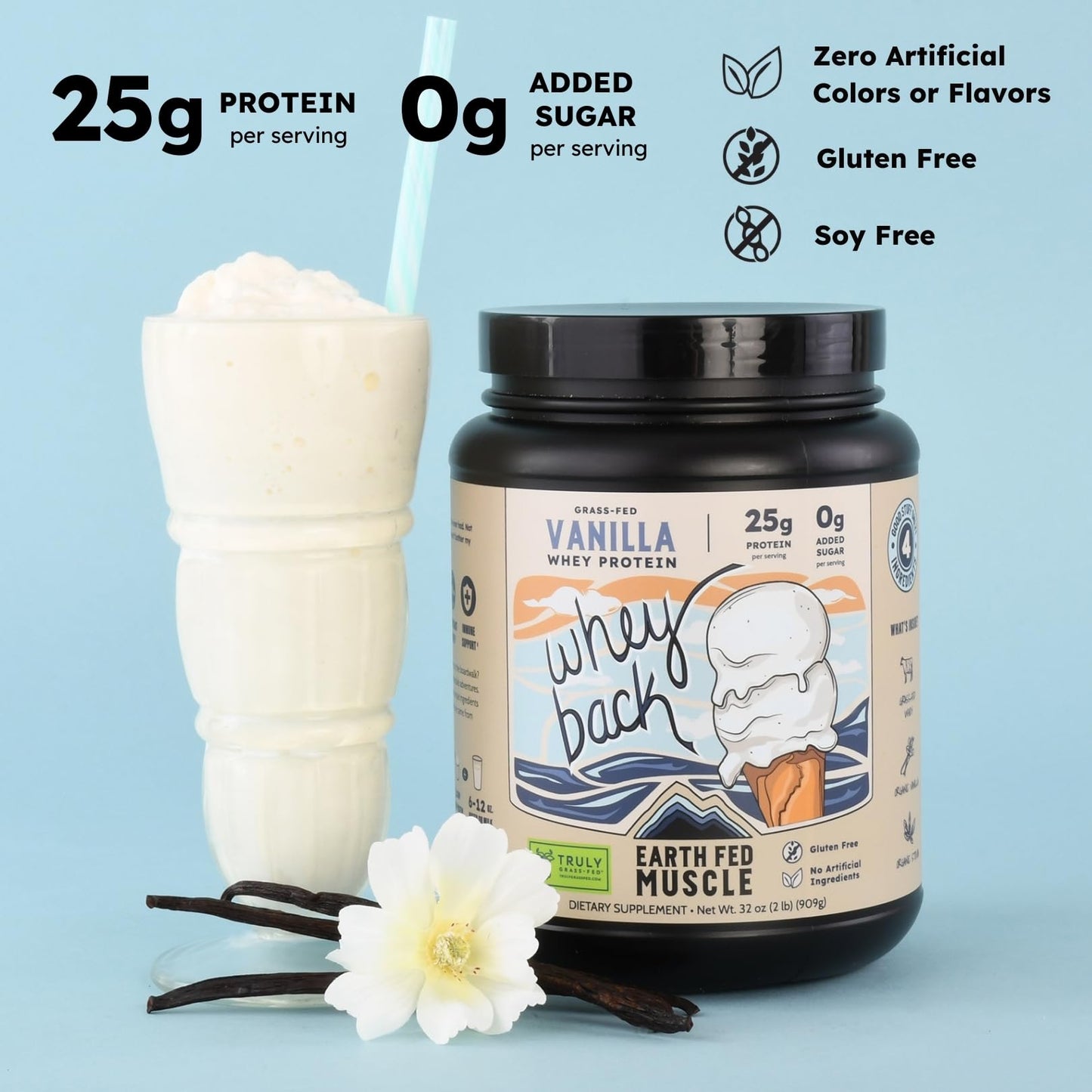 Earth Fed Muscle Whey Back Irish Grass Fed Whey Protein Isolate, Third-Party Certified. 25g Protein, Vanilla - Non-GMO, Hormone Free, Soy Free, Gluten Free - 2 LB, 29 Servings - Maple Wellness Supplements