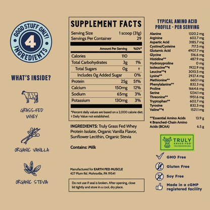 Earth Fed Muscle Whey Back Irish Grass Fed Whey Protein Isolate, Third-Party Certified. 25g Protein, Vanilla - Non-GMO, Hormone Free, Soy Free, Gluten Free - 2 LB, 29 Servings - Maple Wellness Supplements