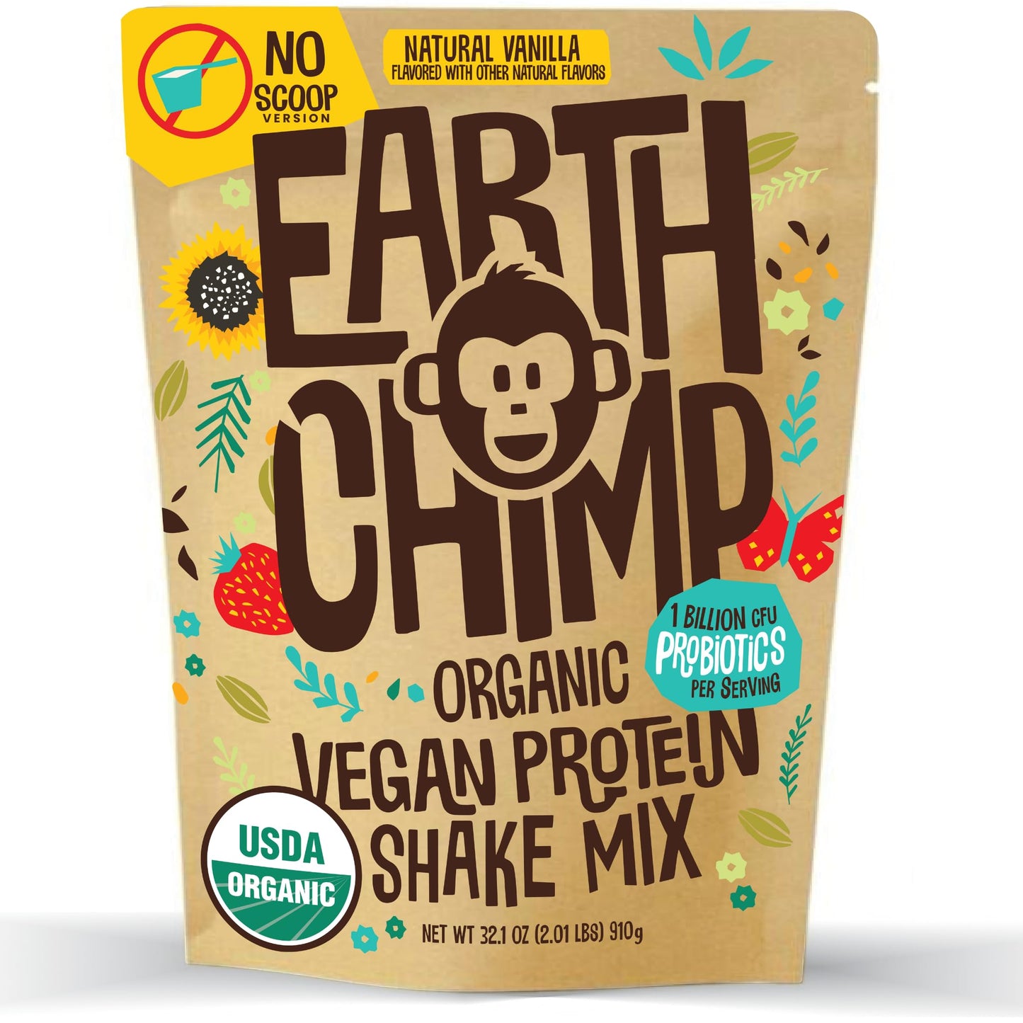 EarthChimp Organic Vegan Protein Powder - with Probiotics - Non GMO, Dairy Free - Maple Wellness Supplements