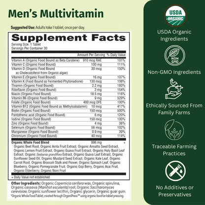 EarthFirst Organic Men’s Multi Once Daily, Whole-Food Multivitamin with 19 Vitamins & Minerals for Energy, Heart, Bone Strength - Maple Wellness Supplements