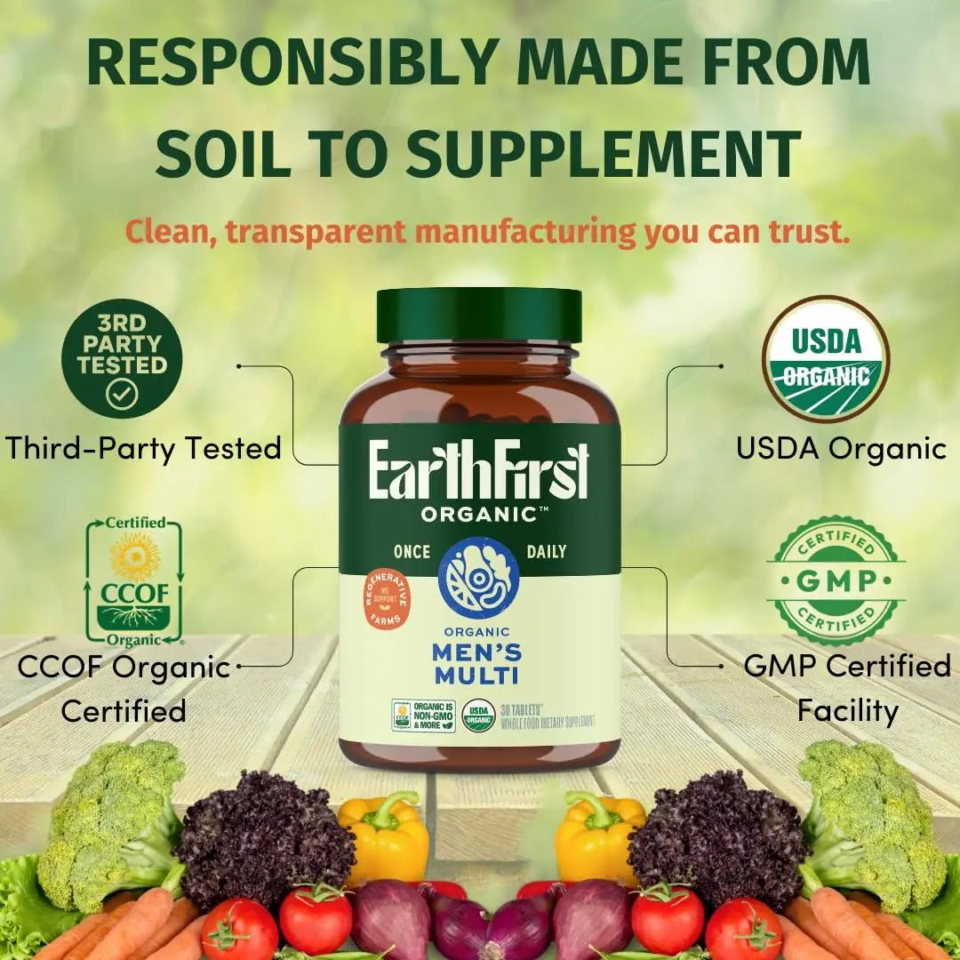 EarthFirst Organic Men’s Multi Once Daily, Whole-Food Multivitamin with 19 Vitamins & Minerals for Energy, Heart, Bone Strength - Maple Wellness Supplements
