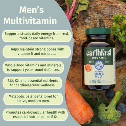 EarthFirst Organic Men’s Multi Once Daily, Whole-Food Multivitamin with 19 Vitamins & Minerals for Energy, Heart, Bone Strength - Maple Wellness Supplements