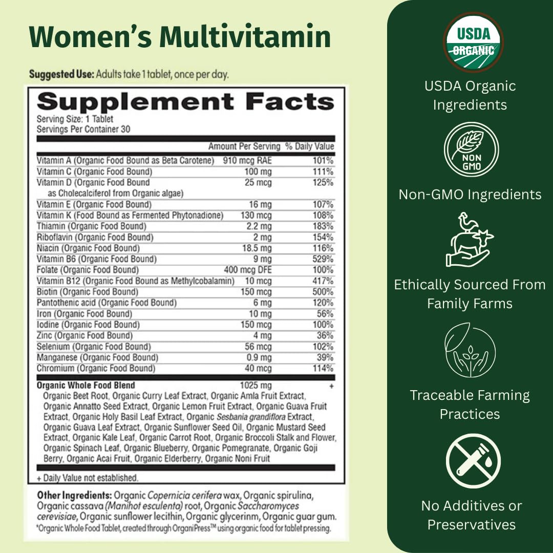 EarthFirst Organic Women’s Multi Once Daily, Women's Multivitamin, Iron, Vitamin B12 & More, 19 Vitamins from Herbs & Superfoods, 30 Count - Maple Wellness Supplements