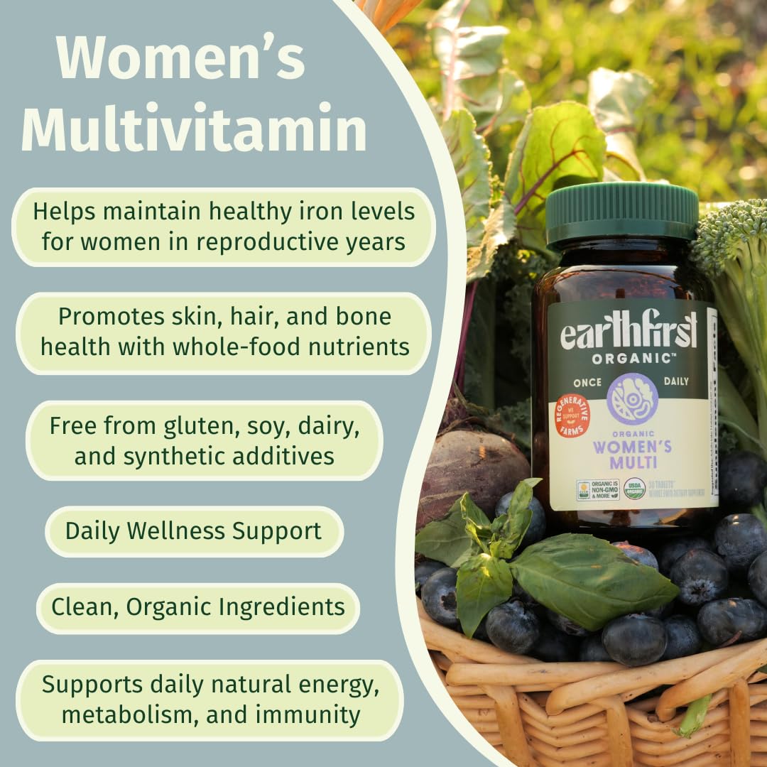 EarthFirst Organic Women’s Multi Once Daily, Women's Multivitamin, Iron, Vitamin B12 & More, 19 Vitamins from Herbs & Superfoods, 30 Count - Maple Wellness Supplements