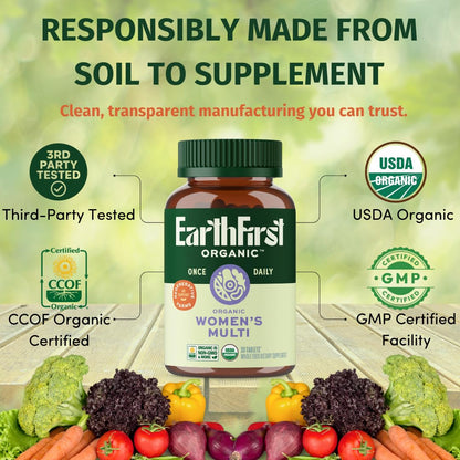 EarthFirst Organic Women’s Multi Once Daily, Women's Multivitamin, Iron, Vitamin B12 & More, 19 Vitamins from Herbs & Superfoods, 30 Count - Maple Wellness Supplements