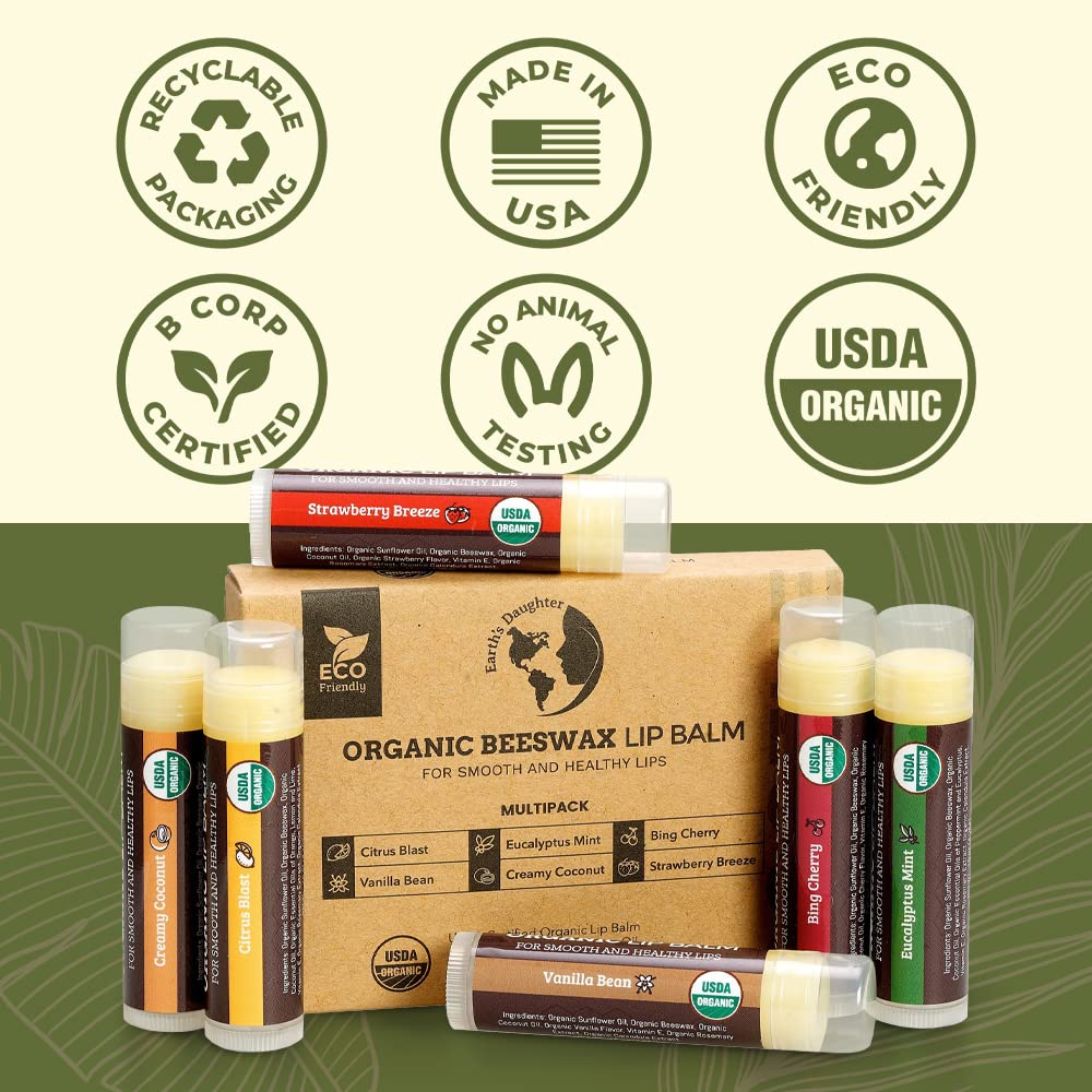Earth's Daughter USDA Organic Lip Balm 6-Pack - Fruit Flavors, Beeswax, Coconut Oil, Vitamin E - Best Lip Repair - Maple Wellness Supplements