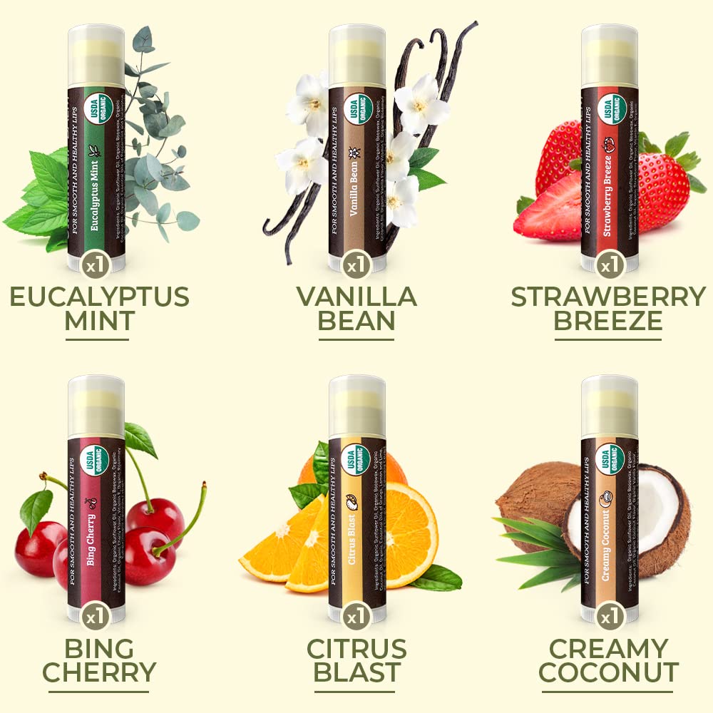 Earth's Daughter USDA Organic Lip Balm 6-Pack - Fruit Flavors, Beeswax, Coconut Oil, Vitamin E - Best Lip Repair - Maple Wellness Supplements