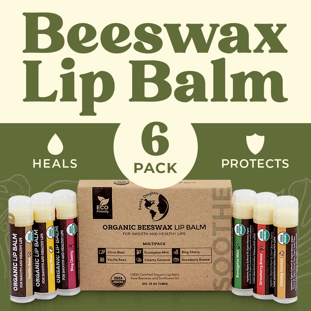 Earth's Daughter USDA Organic Lip Balm 6-Pack - Fruit Flavors, Beeswax, Coconut Oil, Vitamin E - Best Lip Repair - Maple Wellness Supplements