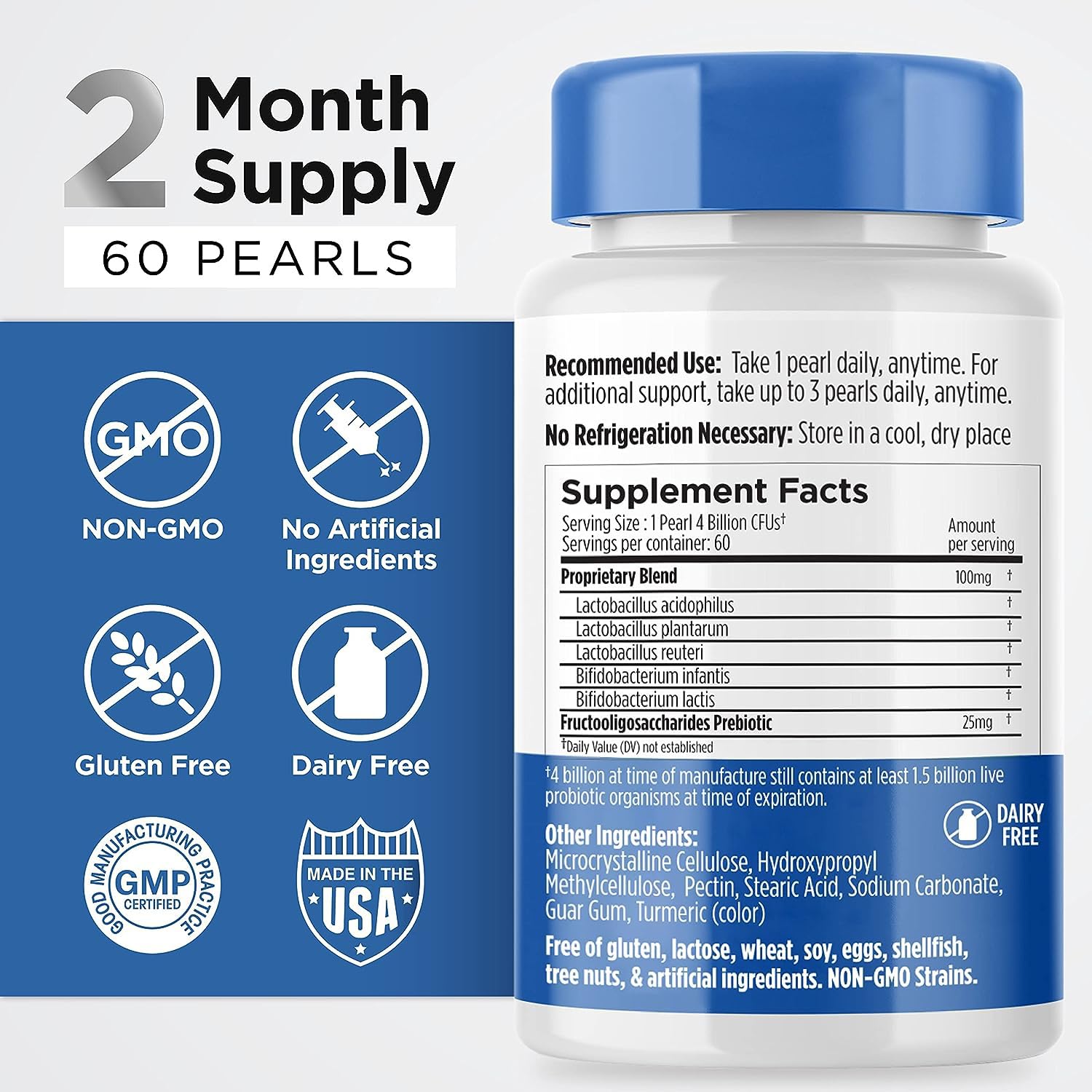 Earth's Pearl Probiotics for Women & Men & Kids - Pearl-Shaped Probiotic & Prebiotics with BIO-Tract®, 4 Billion CFU, Gut Health Support (60-Day Supply) - Maple Wellness Supplements