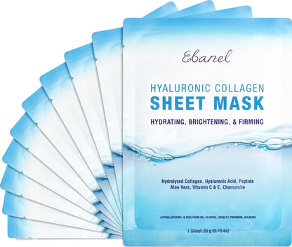 Ebanel 10 Pack Collagen Face Mask with Hyaluronic Acid, Vitamin C, Peptide, Aloe, Instant Brightening Hydrating Face Masks Skincare Korean Sheet Mask, Skin Firming, Lifting Anti Aging Facial Masks - Maple Wellness Supplements