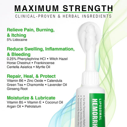 Ebanel 5% Lidocaine Hemorrhoid Treatment Cream with Witch Hazel, Phenylephrine, Horse Chestnut, Vitamin B6, Zinc Oxide, External and Internal Hemorrhoids Treatment Burn Itch Pain Relief Anal Cream - Maple Wellness Supplements