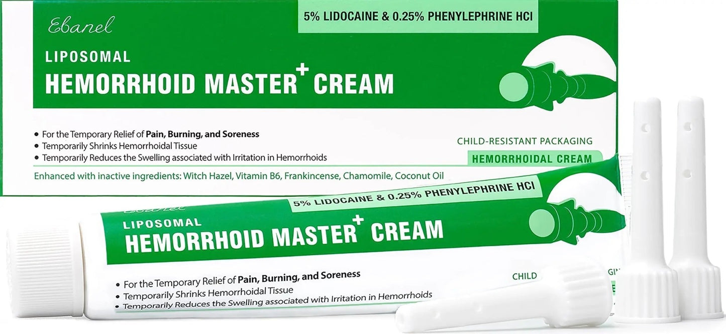 Ebanel 5% Lidocaine Hemorrhoid Treatment Cream with Witch Hazel, Phenylephrine, Horse Chestnut, Vitamin B6, Zinc Oxide, External and Internal Hemorrhoids Treatment Burn Itch Pain Relief Anal Cream - Maple Wellness Supplements