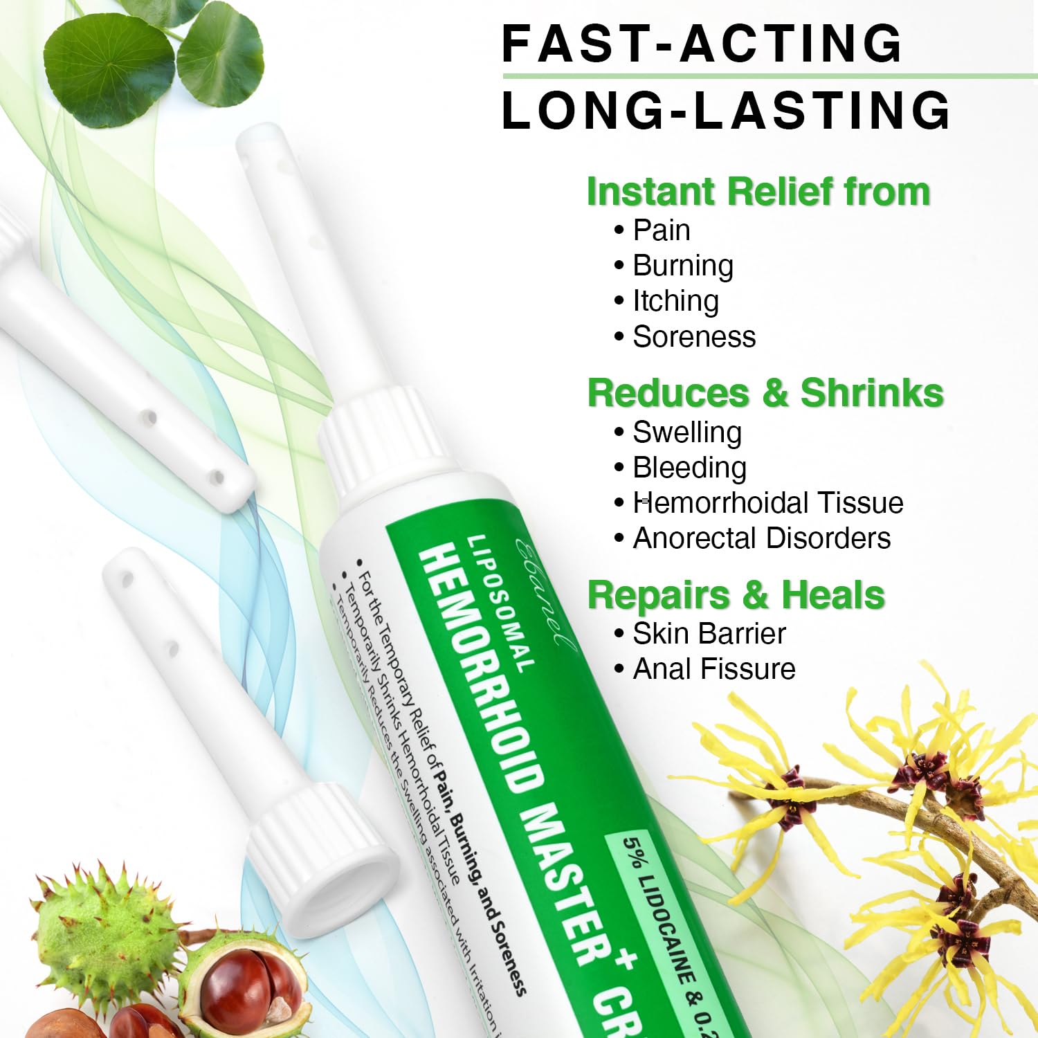 Ebanel 5% Lidocaine Hemorrhoid Treatment Cream with Witch Hazel, Phenylephrine, Horse Chestnut, Vitamin B6, Zinc Oxide, External and Internal Hemorrhoids Treatment Burn Itch Pain Relief Anal Cream - Maple Wellness Supplements