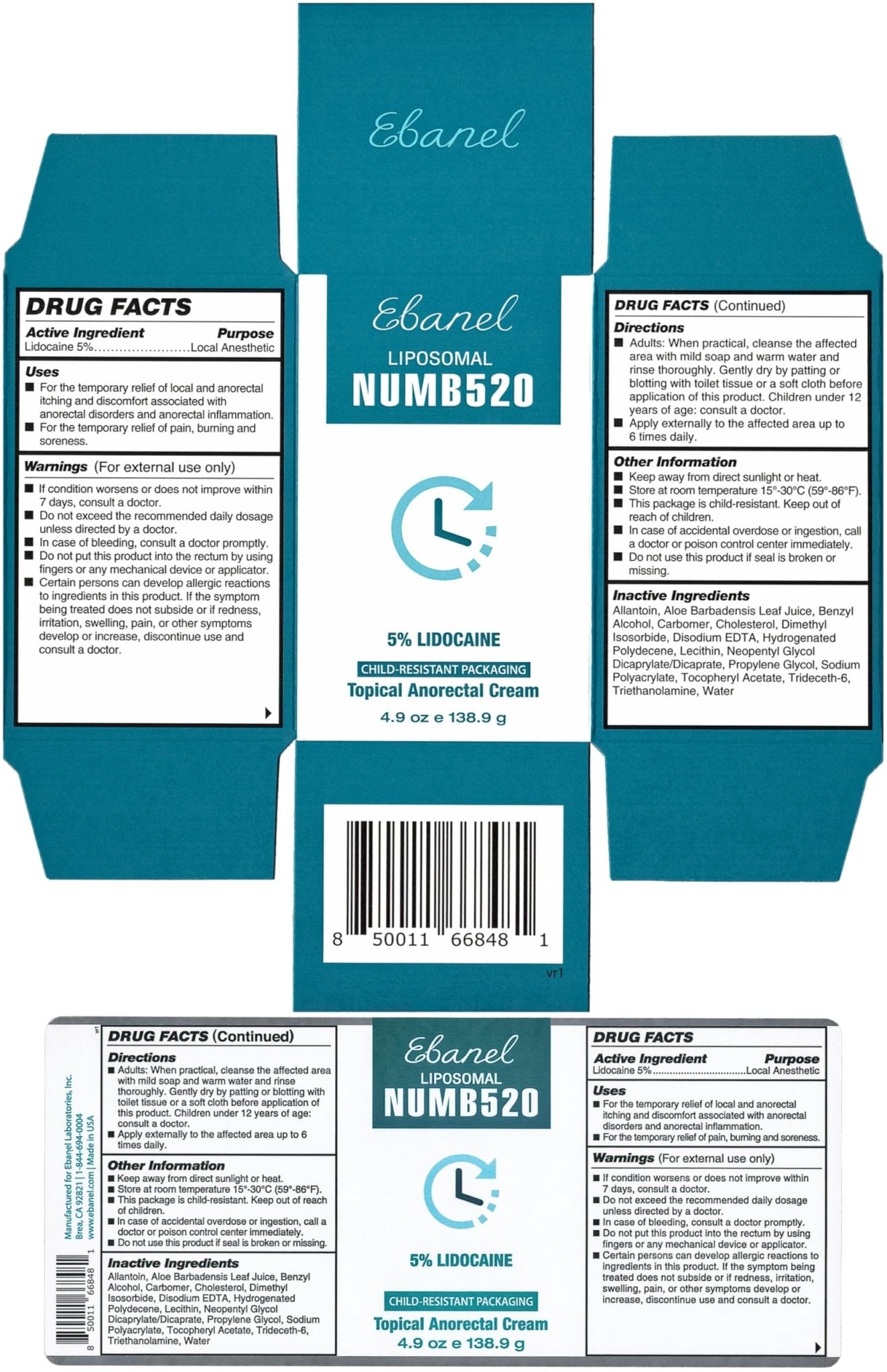 Ebanel 5% Lidocaine Numbing Cream, Pain Relief Burn Itch Cream, Maximum Strength Topical Anesthetic with Allantoin, Vitamin E for Local and Anorectal Uses, Hemorrhoid Treatment, 4.9 Oz - Maple Wellness Supplements