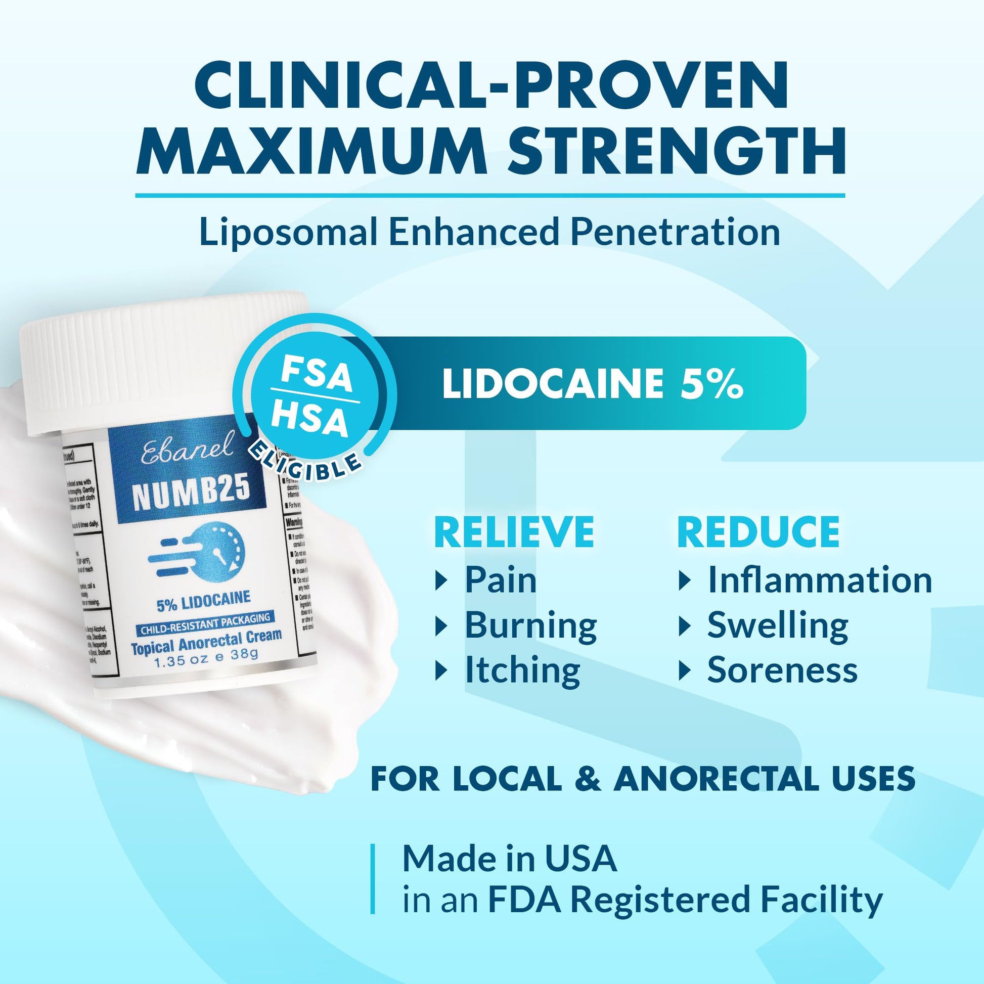 Ebanel 5% Lidocaine Numbing Cream, Pain Relief Burn Itch Numb Cream, Maximum Strength Numb25 Topical Anesthetic with Allantoin, Vitamin E for Local and Anorectal Uses, Hemorrhoid Treatment, 1.35 Oz - Maple Wellness Supplements