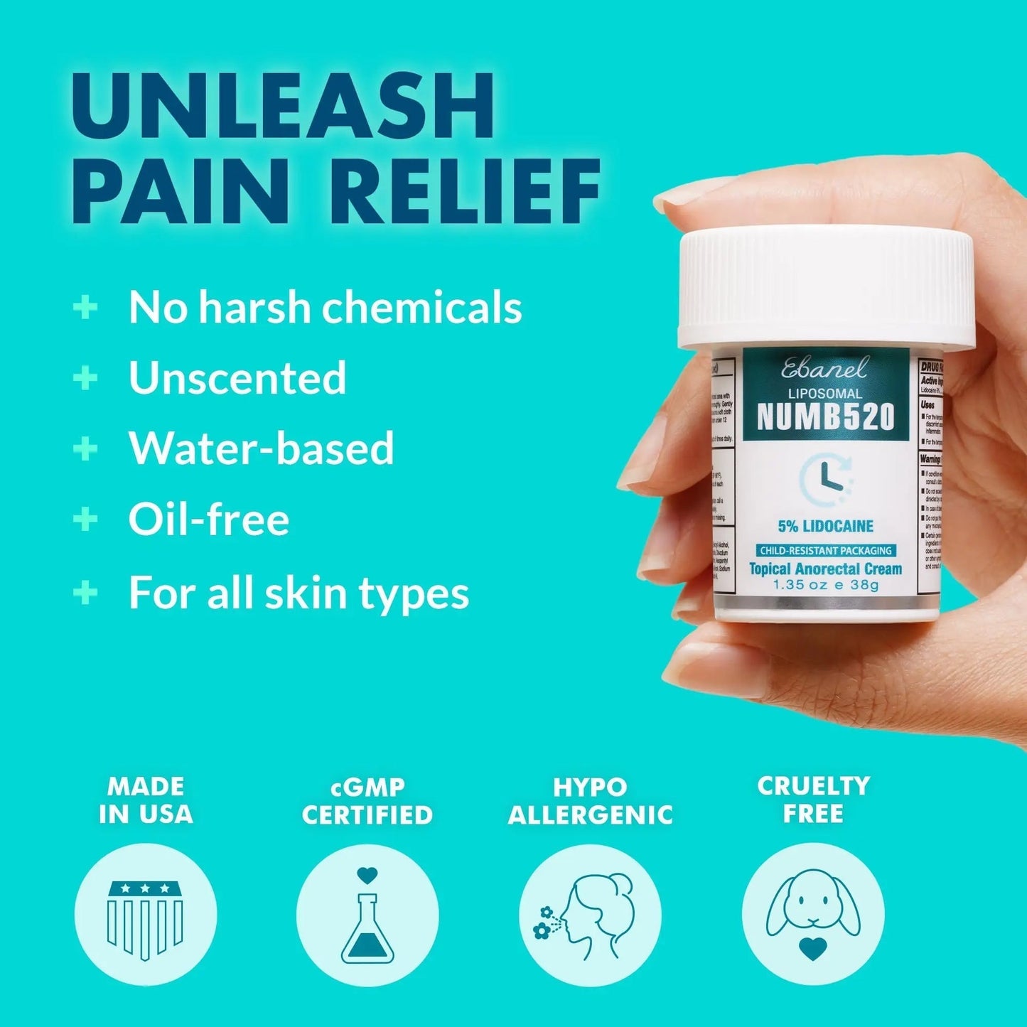 Ebanel 5% Lidocaine Numbing Cream, Pain Relief Burn Itch Numb Cream, Maximum Strength Topical Anesthetic with Allantoin, Vitamin E for Local and Anorectal Uses, Hemorrhoid Treatment, 1.35 Oz - Maple Wellness Supplements