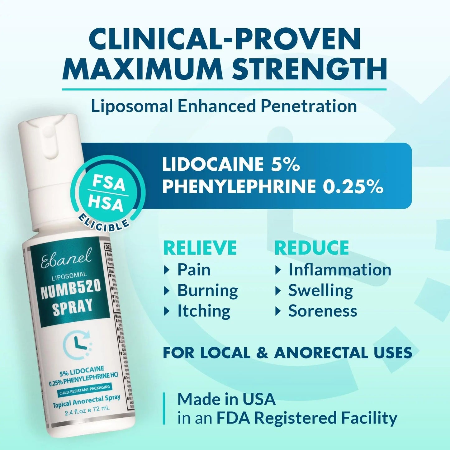 Ebanel 5% Lidocaine Spray Pain Relief Numb520 Burn Itch Relief Numbing Spray for Skin, Topical Anesthetic Postpartum Hemorrhoid Treatment with Phenylephrine for Local and Anorectal Uses - Maple Wellness Supplements