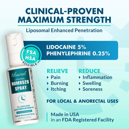 Ebanel 5% Lidocaine Spray Pain Relief Numb520 Burn Itch Relief Numbing Spray for Skin, Topical Anesthetic Postpartum Hemorrhoid Treatment with Phenylephrine for Local and Anorectal Uses - Maple Wellness Supplements