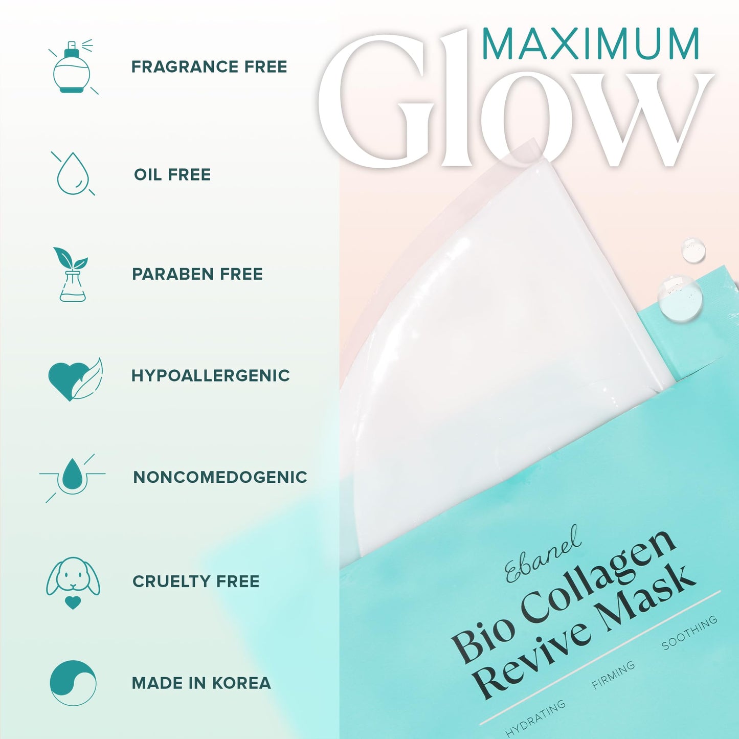 Ebanel Bio Collagen Face Mask, 4-Pack Hydrating Face Masks with 7 Peptides, Hyaluronic Acid, Niacinamide, Centella, Rose Water, Ceramide, and B5, Glass Skin Tightening and Lifting Korean Sheet Masks - Maple Wellness Supplements