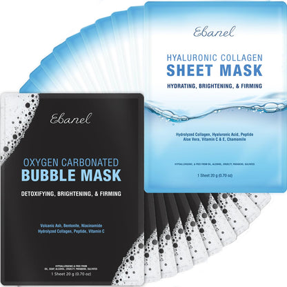 Ebanel Bundle of 15-Pack Collagen Face Mask, and 10-Pack Carbonated Bubble Clay Mask - Maple Wellness Supplements