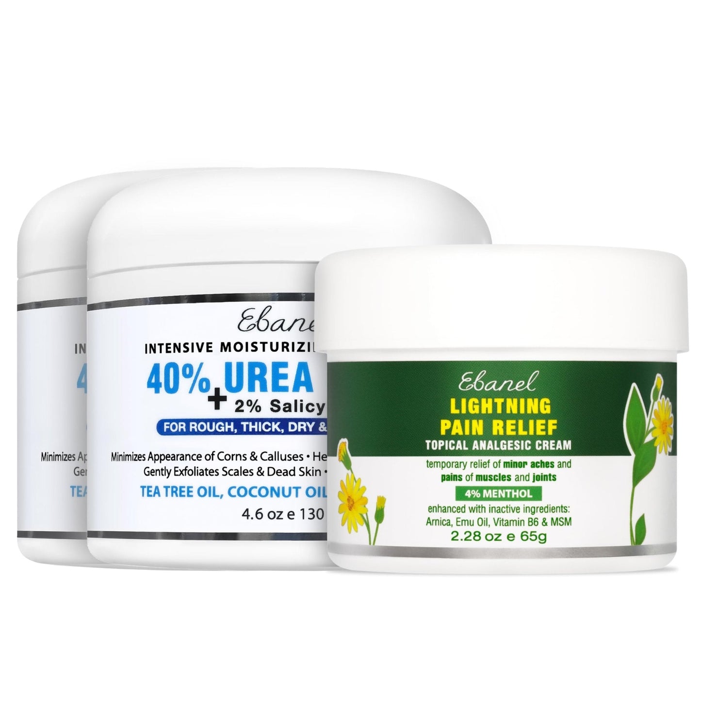 Ebanel Bundle of 2 Pack 40% Urea Cream 4.6 Oz, and Pain Relief Cream Arnica Menthol 2.28 Oz - Maple Wellness Supplements
