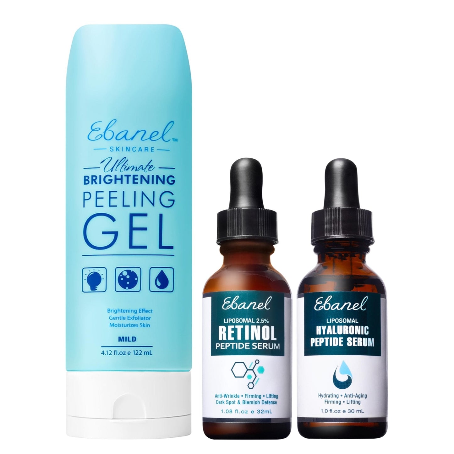Ebanel Bundle of 2.5% Retinol Serum, Hyaluronic Acid Serum, and Exfoliating Face Scrub Peeling Gel 4.12 Oz - Maple Wellness Supplements