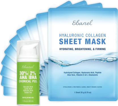 Ebanel Bundle of 30% AHA 2% BHA Chemical Peel and 10 Pack Collagen Face Mask - Maple Wellness Supplements