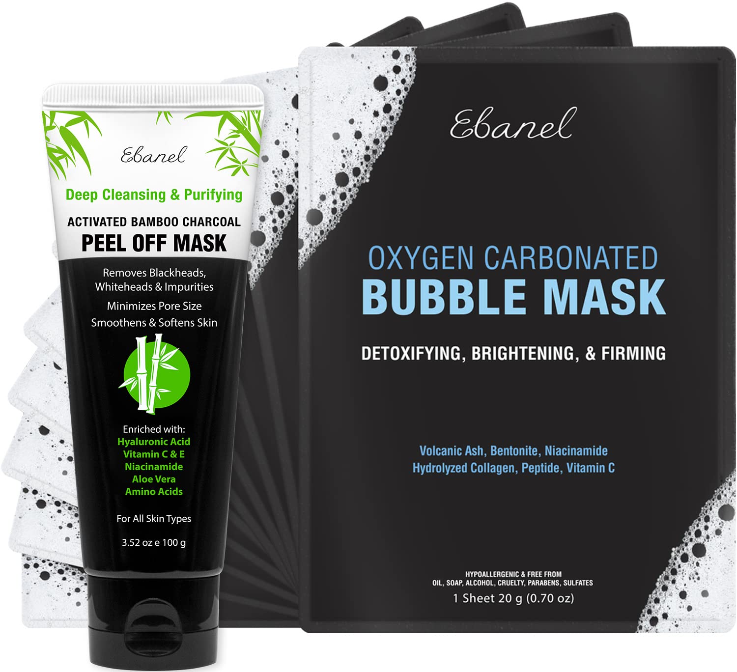 Ebanel Bundle of Charcoal Peel Off Face Mask, and 10-Pack Carbonated Bubble Clay Mask - Maple Wellness Supplements