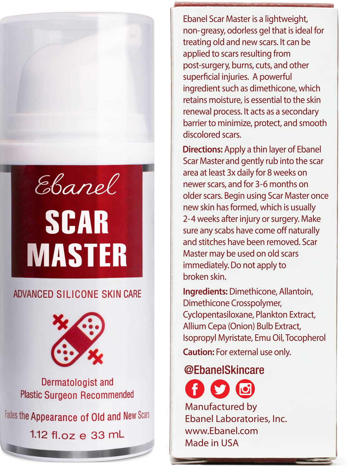 Ebanel Silicone Scar Gel with Allantoin, Emu Oil, Vitamin E and Onion Extract, For Old & New Scars from Surgeries, C-Section, Injuries, Burns & More - Maple Wellness Supplements