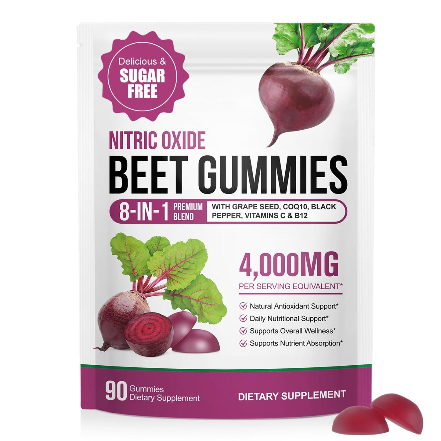 ECHTEYUN Super Beetroot Gummies, 8 in 1 Beet Root 4,000mg with Grape Seed Extract & CoQ10, Sugar Free - 90 Count (1) - Maple Wellness Supplements