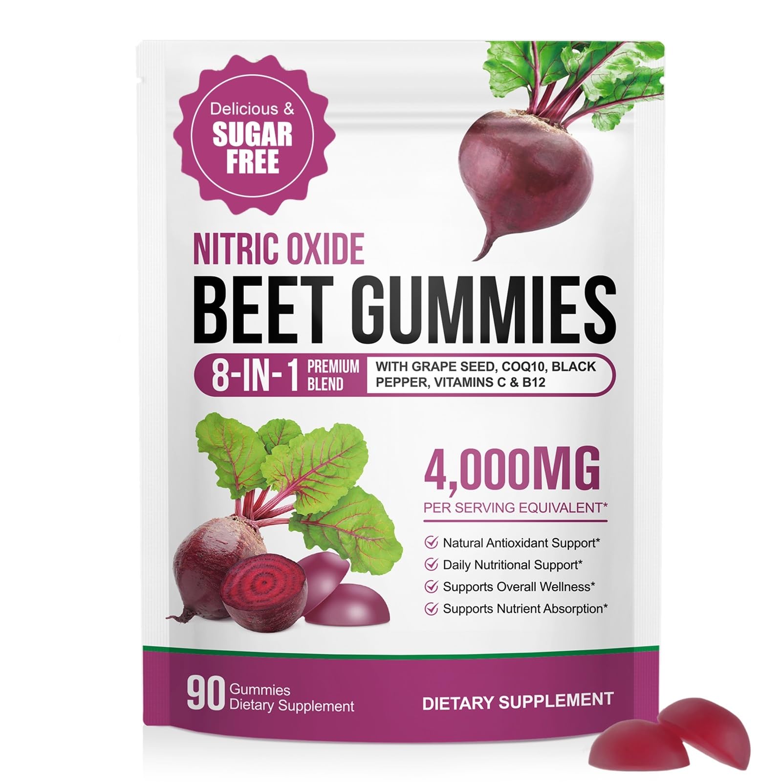 ECHTEYUN Super Beetroot Gummies, 8 in 1 Beet Root 4,000mg with Grape Seed Extract & CoQ10, Sugar Free - 90 Count (1) - Maple Wellness Supplements