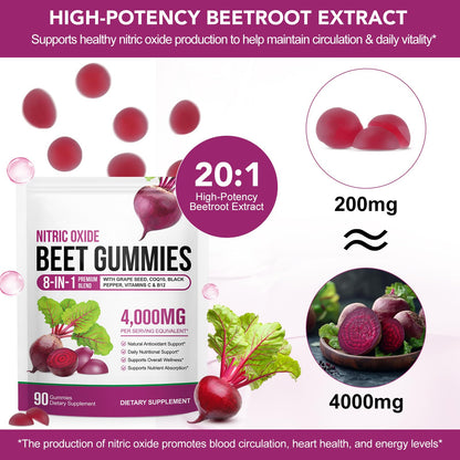 ECHTEYUN Super Beetroot Gummies, 8 in 1 Beet Root 4,000mg with Grape Seed Extract & CoQ10, Sugar Free - 90 Count (1) - Maple Wellness Supplements