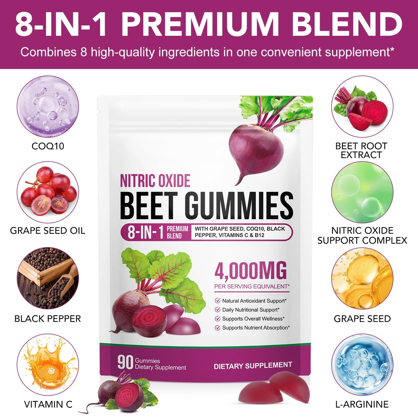 ECHTEYUN Super Beetroot Gummies, 8 in 1 Beet Root 4,000mg with Grape Seed Extract & CoQ10, Sugar Free - 90 Count (1) - Maple Wellness Supplements