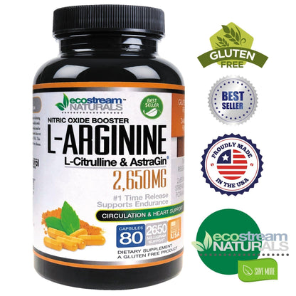 ecostream Naturals MAX 2650mg Nitric Oxide Booster L-Arginine - L-Citruline and Astragin - Time Release 2650 MAX Formula - Maple Wellness Supplements