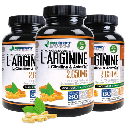 ecostream Naturals MAX 2650mg Nitric Oxide Booster L-Arginine - L-Citruline and Astragin - Time Release 2650 MAX Formula - Maple Wellness Supplements