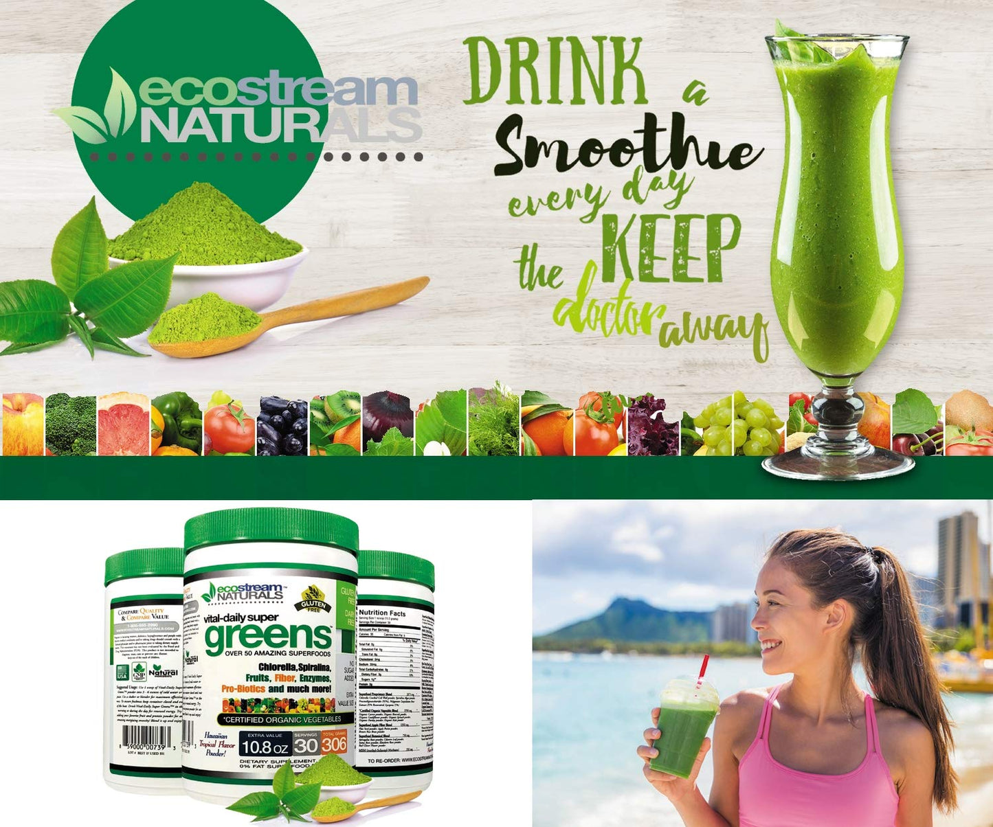 ecostream Naturals Vital First Daily Greens Superfood Powder 50 Whole Super Foods with Spirulina, Chlorella, Flax Seed, Fiber and Enzymes with Organic Greens - 30 Servings - Maple Wellness Supplements