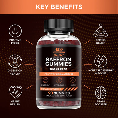 Effective Nutra Saffron Gummies for Adults 88.5mg - Mood Support & Stress Relief with GABA, Passion Flower - 5-in-1 Formula - Sugar-Free, Vegan, Non-GMO, Made in USA - 90 Count (45-Day Supply) - Maple Wellness Supplements