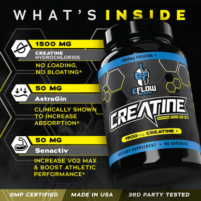 eFlow Creatine Capsules, HCL Creatine Pills - Creatine Supplement for Men & Women, Muscle Builder, Endurance, Strength, with AstraGin and Senactiv (1500mg, 90 Capsules) - Maple Wellness Supplements