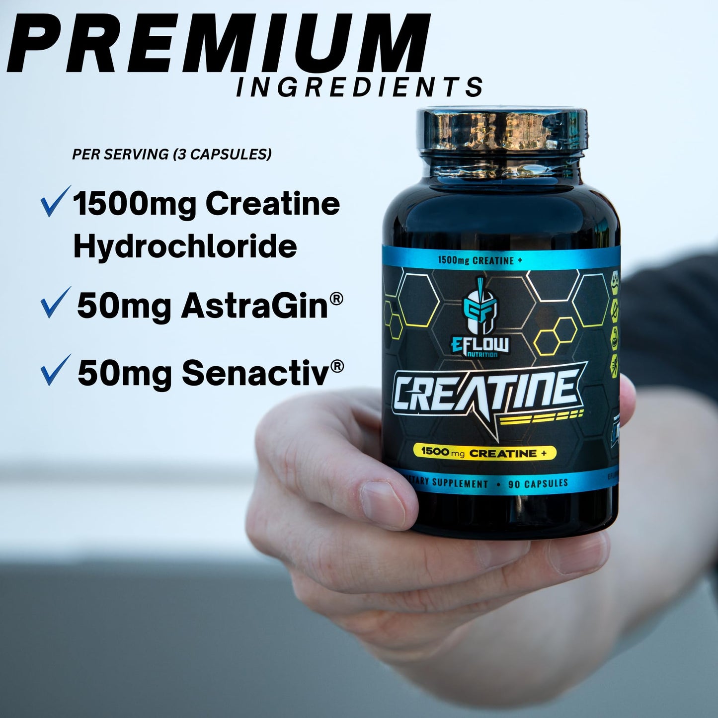 eFlow Creatine Capsules, HCL Creatine Pills - Creatine Supplement for Men & Women, Muscle Builder, Endurance, Strength, with AstraGin and Senactiv (1500mg, 90 Capsules) - Maple Wellness Supplements