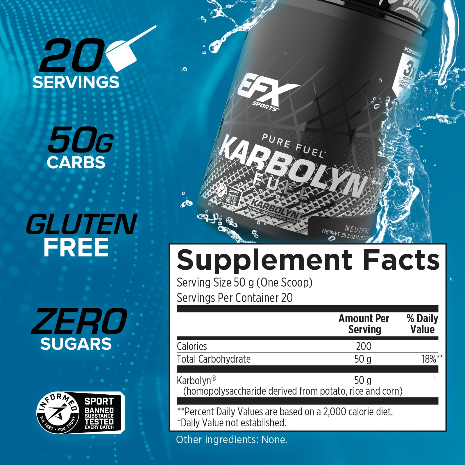 EFX Sports Karbolyn Fuel | Fast-Absorbing Carbohydrate Powder | Carb Load, Sustained Energy, Quick Recovery | Stimulant Free | 20 Servings (Neutral) - Maple Wellness Supplements